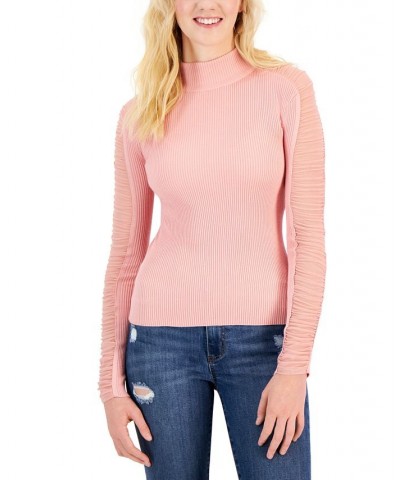 Juniors' Ruched Mesh-Sleeve Mock-Neck Sweater Pink $17.99 Sweaters