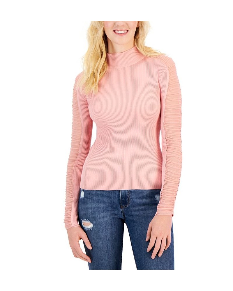 Juniors' Ruched Mesh-Sleeve Mock-Neck Sweater Pink $17.99 Sweaters