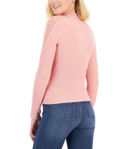 Juniors' Ruched Mesh-Sleeve Mock-Neck Sweater Pink $17.99 Sweaters