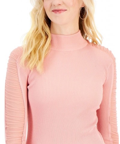 Juniors' Ruched Mesh-Sleeve Mock-Neck Sweater Pink $17.99 Sweaters