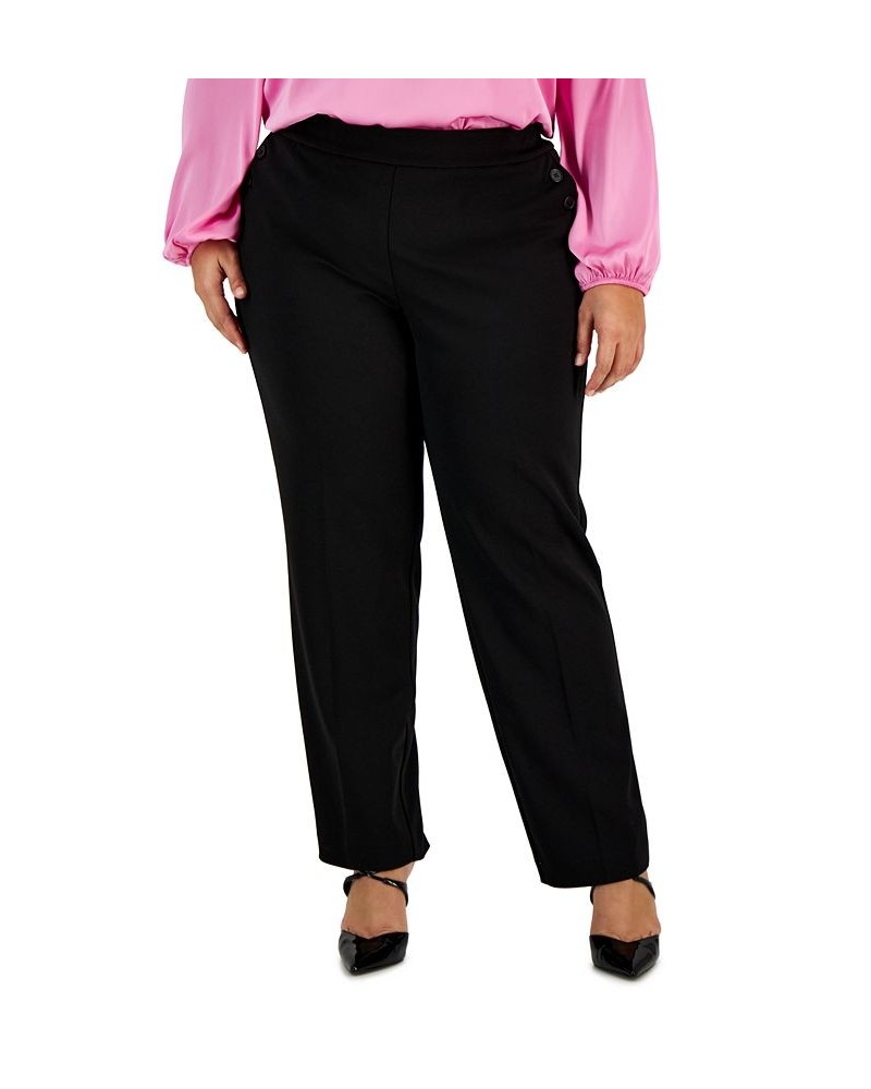 Plus Size Button-Detail Straight-Leg Pull-On Pants Black $27.92 Pants