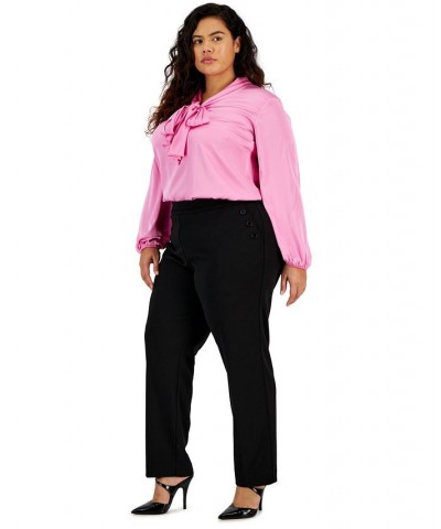 Plus Size Button-Detail Straight-Leg Pull-On Pants Black $27.92 Pants