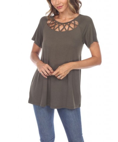 Women's Crisscross Cutout Short Sleeve Top Green $31.62 Tops