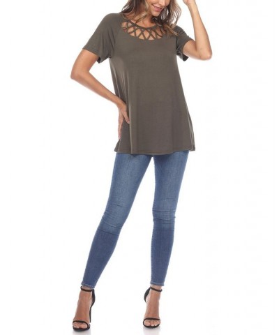 Women's Crisscross Cutout Short Sleeve Top Green $31.62 Tops