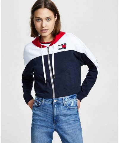 Women's Colorblocked Zippered Drawstring Hoodie SKY CAPTAIN/BRIGHT WHITE $27.72 Sweatshirts