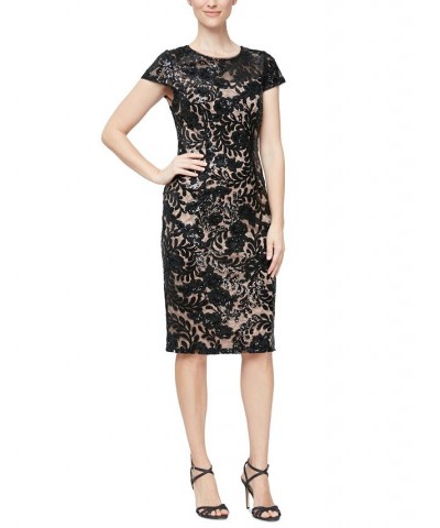 Women's Lace Cap-Sleeve Sheath Dress Black Nude $80.15 Dresses