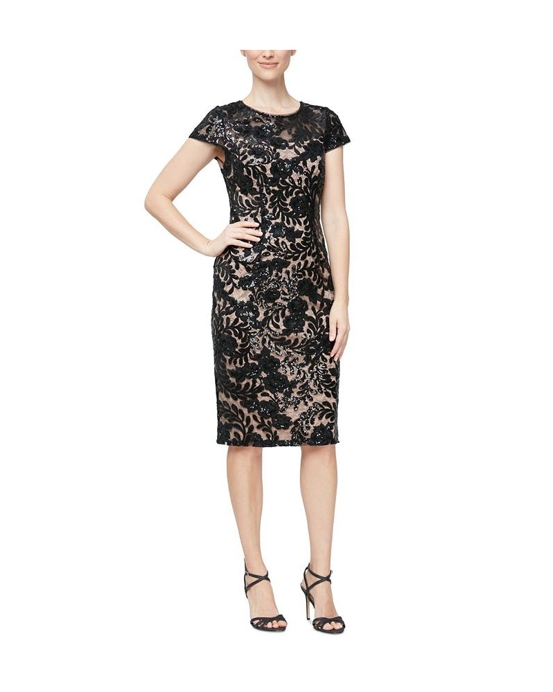 Women's Lace Cap-Sleeve Sheath Dress Black Nude $80.15 Dresses