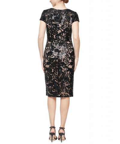 Women's Lace Cap-Sleeve Sheath Dress Black Nude $80.15 Dresses