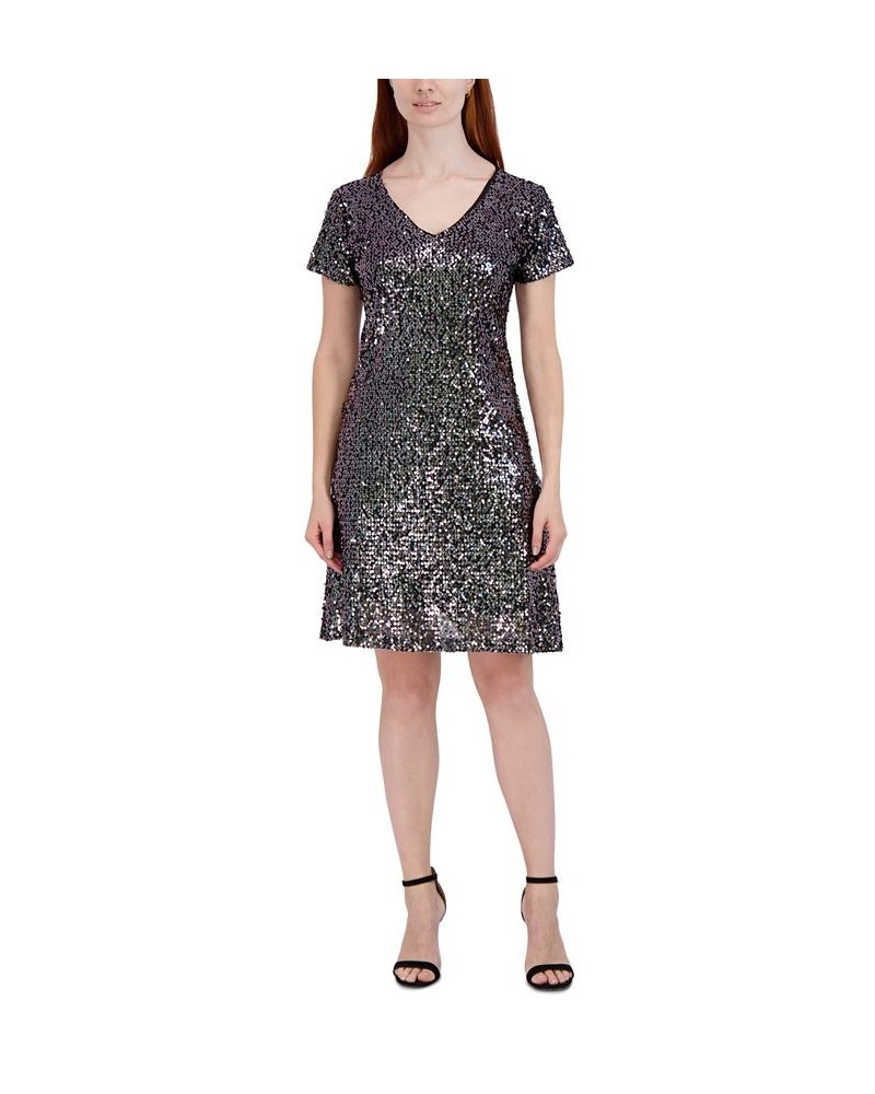 Petite Sequined Short-Sleeve V-Neck Dress Silver $39.16 Dresses