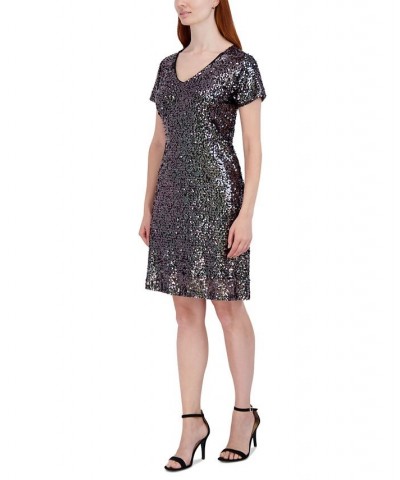 Petite Sequined Short-Sleeve V-Neck Dress Silver $39.16 Dresses