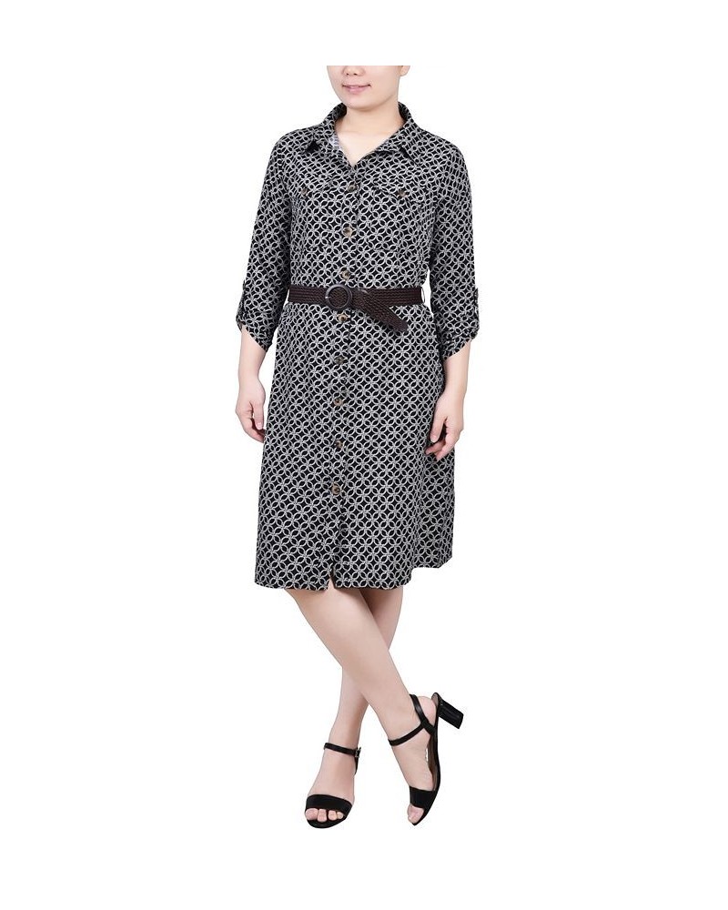 Petite 3/4 Roll Tab Sleeve Shirtdress Black White Rope Iconic $20.52 Dresses