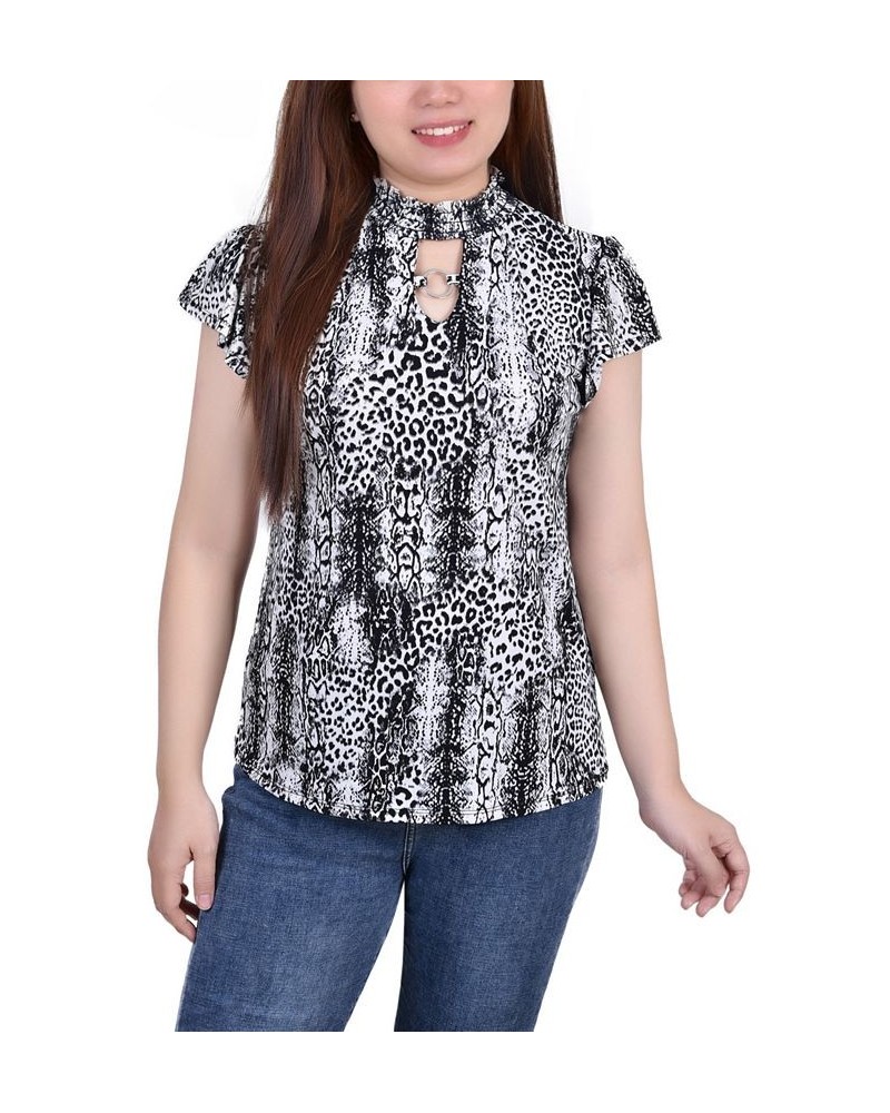 Petite Short Flutter Sleeve Mock Neck Top Black Leosnake $15.50 Tops