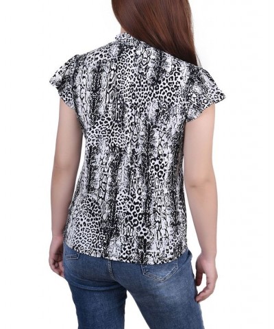 Petite Short Flutter Sleeve Mock Neck Top Black Leosnake $15.50 Tops