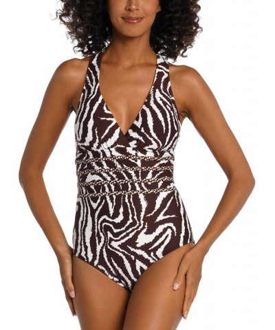 Women's Fierce Lines Multi Strap Cross-Back One-Piece Swimsuit Zebra Print / Java $70.00 Swimsuits