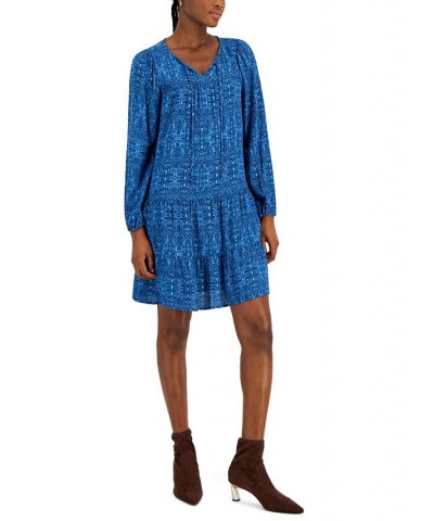 Women's Printed V-Neck Peasant Dress Blue $15.55 Dresses