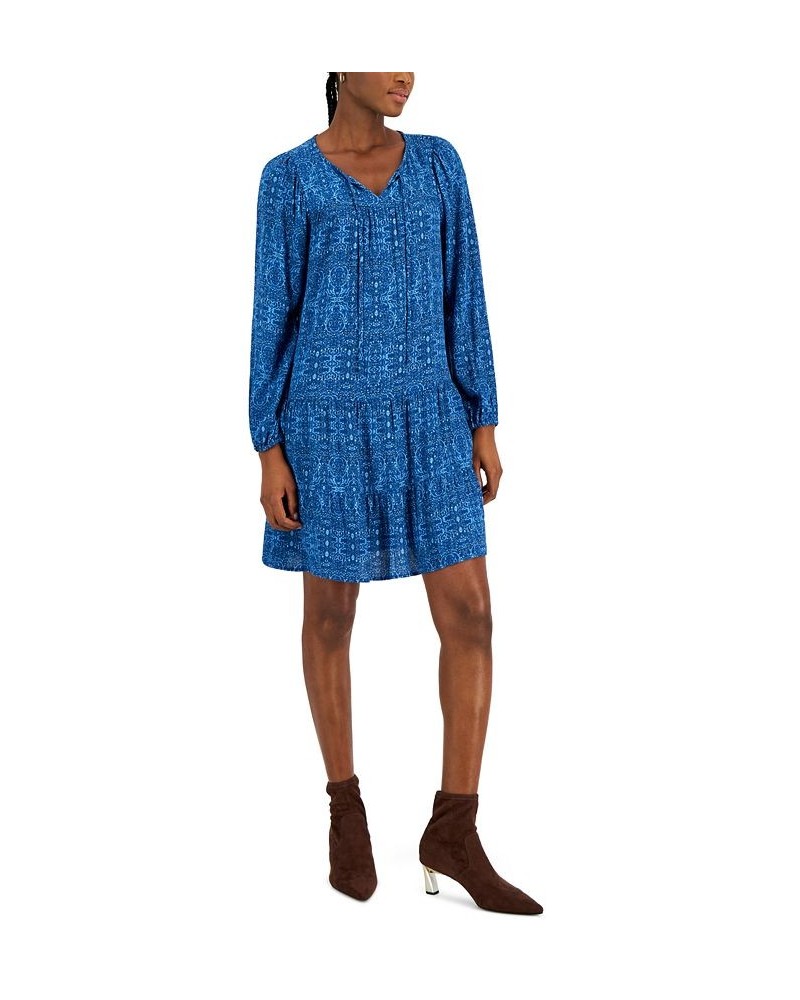 Women's Printed V-Neck Peasant Dress Blue $15.55 Dresses