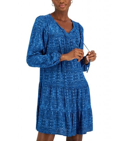 Women's Printed V-Neck Peasant Dress Blue $15.55 Dresses