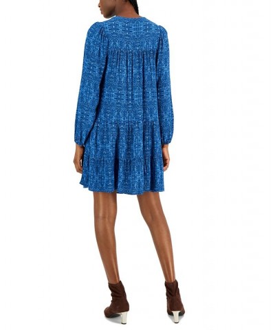 Women's Printed V-Neck Peasant Dress Blue $15.55 Dresses