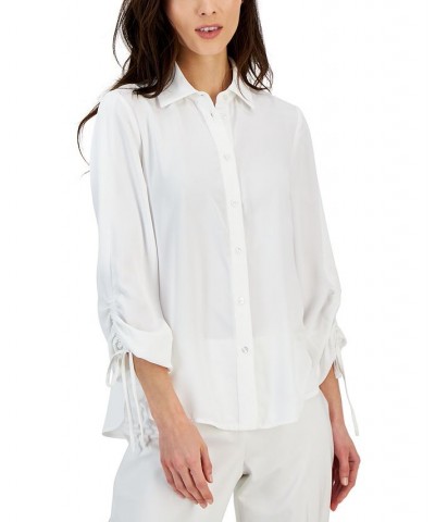 Women's Ruched-Sleeve Button-Down Shirt White $41.42 Tops