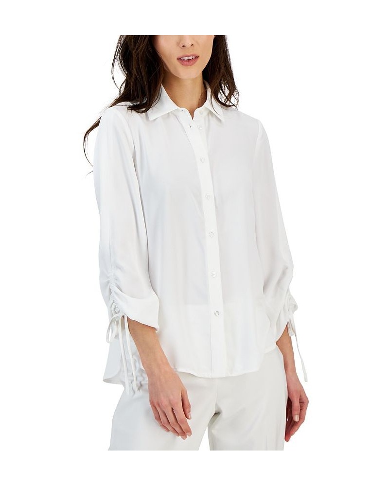 Women's Ruched-Sleeve Button-Down Shirt White $41.42 Tops