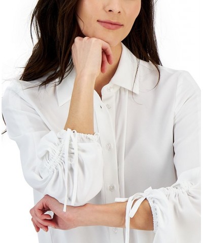 Women's Ruched-Sleeve Button-Down Shirt White $41.42 Tops