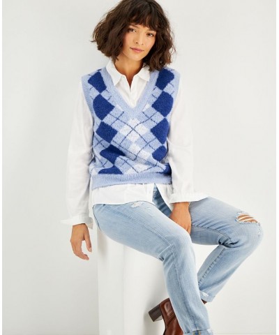 Juniors' Soft Argyle V-neck Sweater Vest Blue Combo $12.50 Sweaters