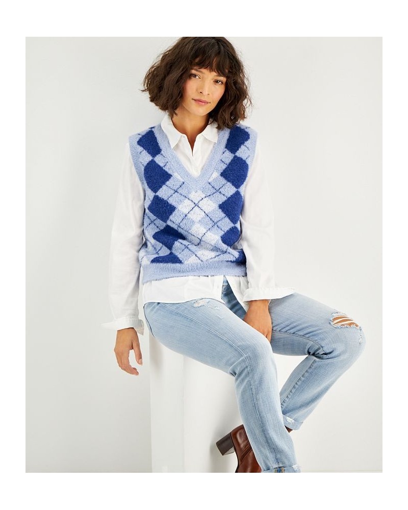 Juniors' Soft Argyle V-neck Sweater Vest Blue Combo $12.50 Sweaters