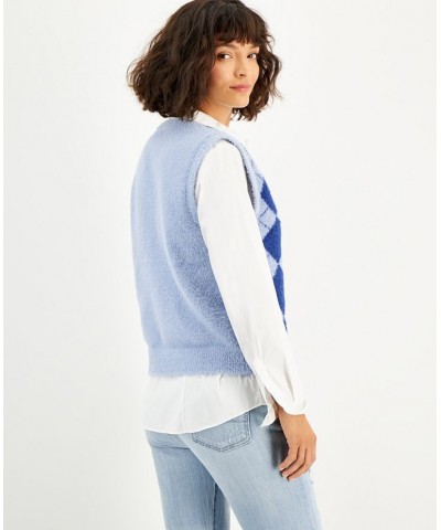 Juniors' Soft Argyle V-neck Sweater Vest Blue Combo $12.50 Sweaters