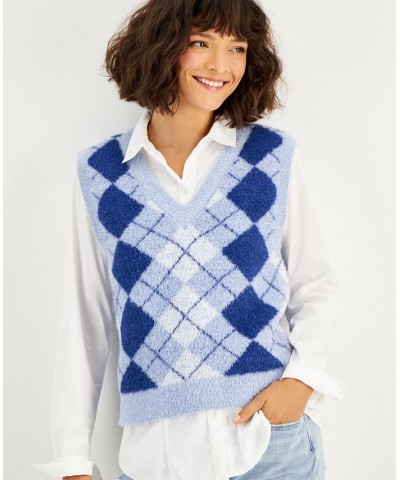 Juniors' Soft Argyle V-neck Sweater Vest Blue Combo $12.50 Sweaters