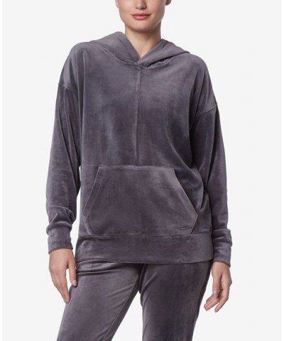 Women's Long Sleeve Leggings Length Velvet Hoodie Gray $26.21 Tops