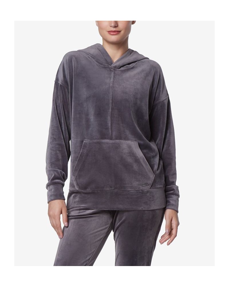 Women's Long Sleeve Leggings Length Velvet Hoodie Gray $26.21 Tops