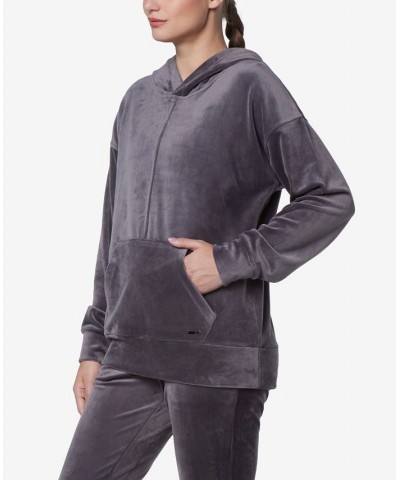 Women's Long Sleeve Leggings Length Velvet Hoodie Gray $26.21 Tops