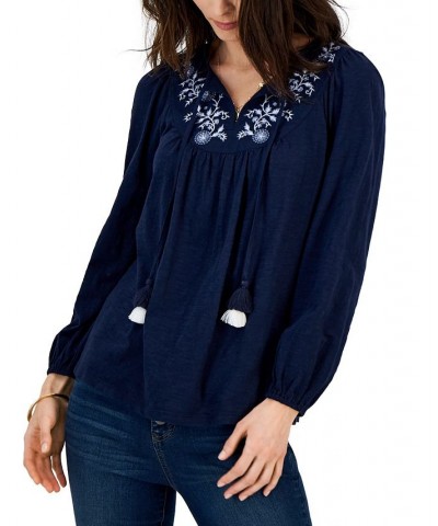 Women's Cotton Embroidered Peasant Top Blue $19.81 Tops