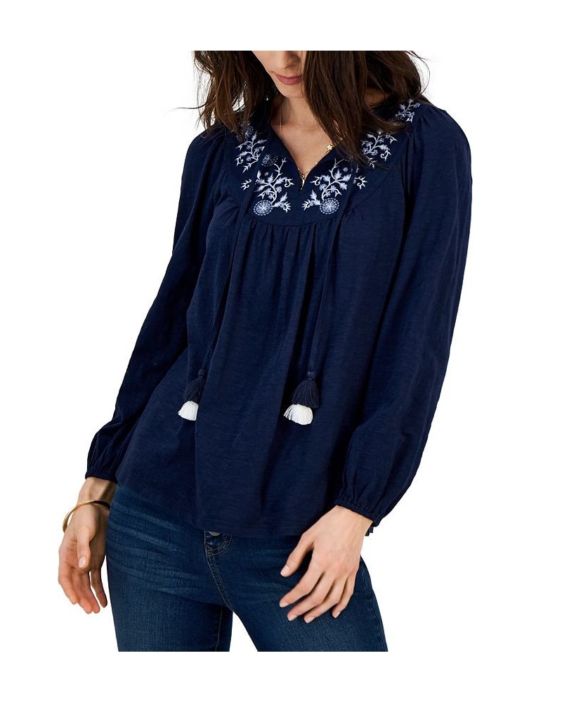 Women's Cotton Embroidered Peasant Top Blue $19.81 Tops