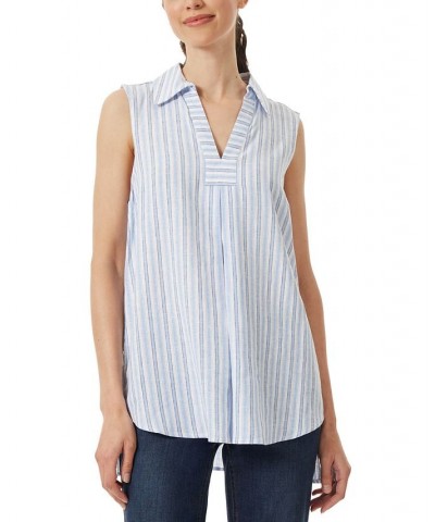 Women's Striped Sleeveless High-Low Linen Tunic Top Oxford Blue Multi $40.55 Tops