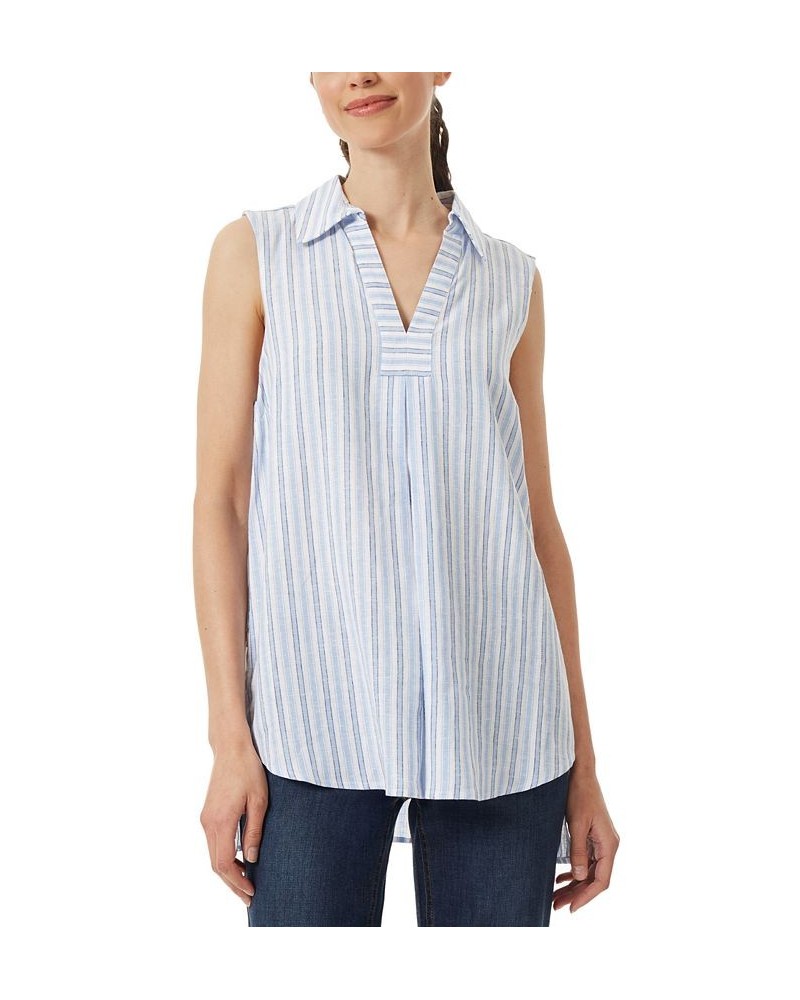 Women's Striped Sleeveless High-Low Linen Tunic Top Oxford Blue Multi $40.55 Tops