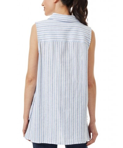 Women's Striped Sleeveless High-Low Linen Tunic Top Oxford Blue Multi $40.55 Tops