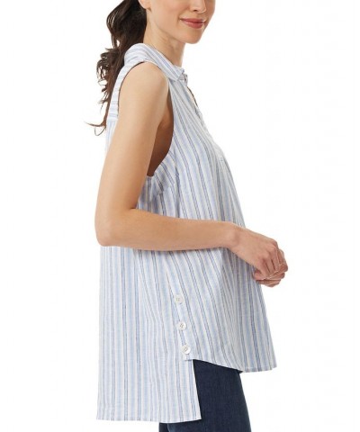 Women's Striped Sleeveless High-Low Linen Tunic Top Oxford Blue Multi $40.55 Tops