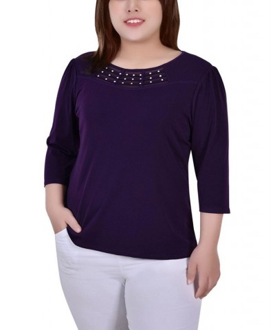 Plus Size 3/4 Sleeve Crepe Knit with Strip Details Top Purple $15.05 Tops