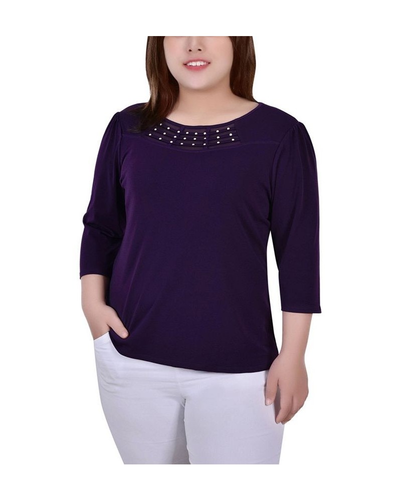 Plus Size 3/4 Sleeve Crepe Knit with Strip Details Top Purple $15.05 Tops