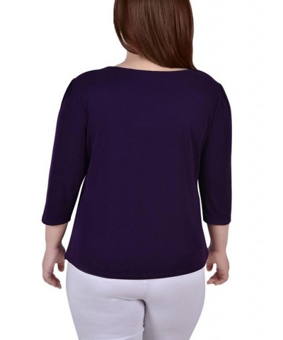 Plus Size 3/4 Sleeve Crepe Knit with Strip Details Top Purple $15.05 Tops