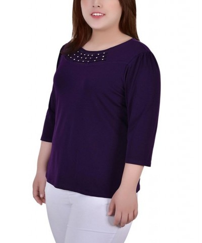 Plus Size 3/4 Sleeve Crepe Knit with Strip Details Top Purple $15.05 Tops