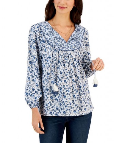 Petite Floral Fantasy Peasant Top Blue $17.03 Tops