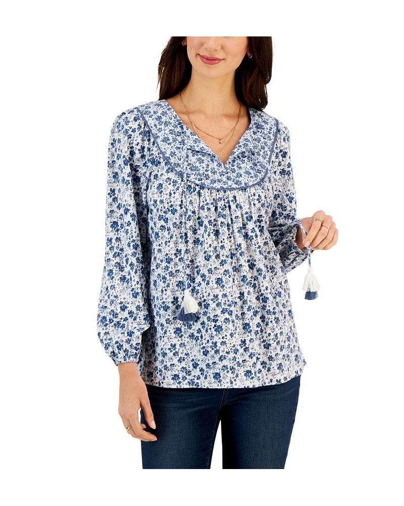 Petite Floral Fantasy Peasant Top Blue $17.03 Tops