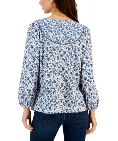 Petite Floral Fantasy Peasant Top Blue $17.03 Tops