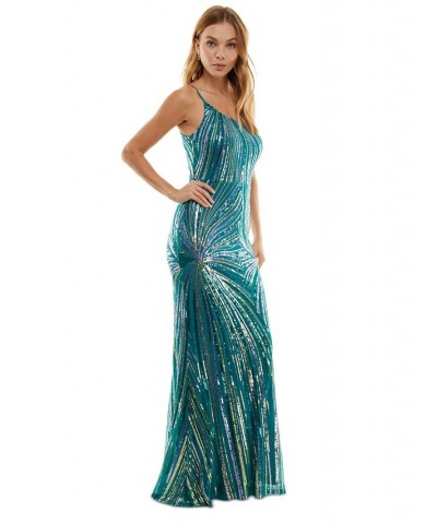 Juniors' Embellished One-Shoulder Gown Turquoise/Multicolor $79.43 Dresses