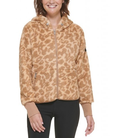 Women's Fuzzy Animal-Print Hooded Zipper Jacket Brown $30.66 Jackets