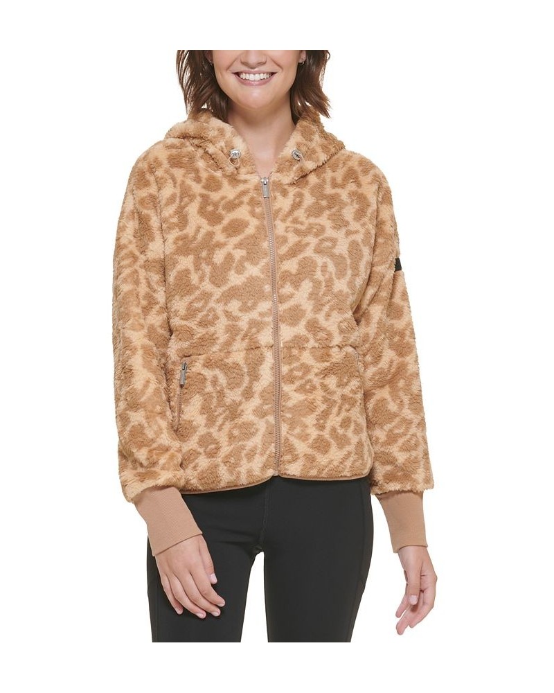 Women's Fuzzy Animal-Print Hooded Zipper Jacket Brown $30.66 Jackets