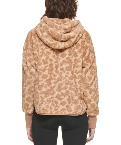 Women's Fuzzy Animal-Print Hooded Zipper Jacket Brown $30.66 Jackets