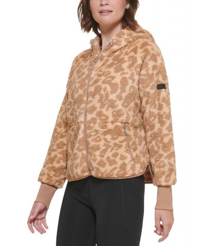 Women's Fuzzy Animal-Print Hooded Zipper Jacket Brown $30.66 Jackets